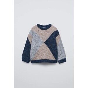 Zara Geometric Knit Pullover Sweater Blue Beige Gray 3 Years 98 cm Long Sleeve
